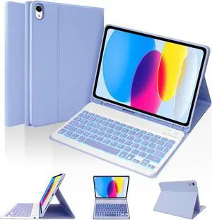 SOPPY iPad 10th Generation Case with 7 Color Backlit Keyboard for iPad 10th Gen 10.9" 2022 (A2696/A2757/A2777), Detachable Wireless Keyboard with Pencil Holder, Slim Keyboard Case, Purple