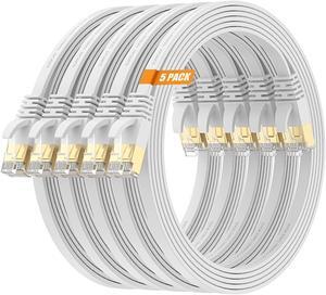 Cat7 10FT-5Pack Ethernet Cable Flat-White-10Gbps High Speed Ultra Slim Double Shielded with Gold-Plated RJ45 Ground Wire & Cable-Tie for PS5/4,Xbox,TV,Router,PC,NAS,Modem
