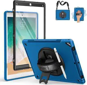 SUPFIVES Case iPad Pro 12.9 2015/2017 with Screen Protector: iPad 12.9 Inch 1st/ 2nd Generation Case with Pencil Holder+ Handle+ Shoulder Strap+ Rotating Stand, Navy Blue