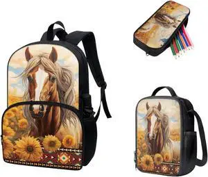 Viewamoon Sunflower Horse Backpacks For Girls Set for Toddler Girls Large Bookbag 3 Pieces Lunch Box With Water Bottle Pocket for Food Time Large Pencil Case,Horse Floral