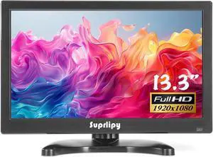 Suprlipy 13.3 inch FHD Small IPS Monitor LCD Display Screen 1920x1080 60Hz 16:9 with BNC VGA AV Input Built-in Lounspeakers for CCTV Security Camera DVR PC RasPi