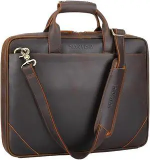 STAR VISTA Vittorio Slim Laptop Messenger Bag, Full Grain Leather Briefcase for Men, Dark Brown, Fits 15.6" Laptop, YKK Zippers and Brass Hardware