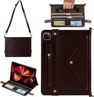 Handbag Case for iPad Pro 13-inch M4 2024 7th Gen, Techcircle PU Leather Folio Stand iPad Crossbody Wallet Case with Pencil Holder, Hand Strap & Shoulder Strap, Dark Brown