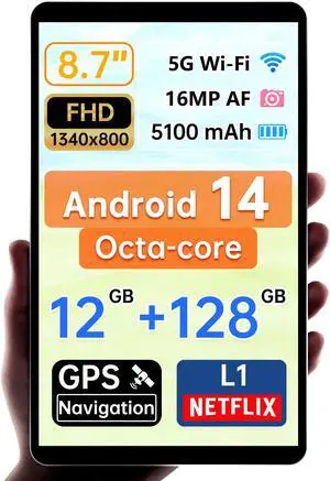 Topsand 2025 8.7 inch Android 14 Tablet Slim & Light Mini Tablets with 16MP Camera Octa-core Processor 12GB RAM + 128GB ROM 1340 * 800 HD IPS Display Small Tablet with GPS, 2.4G/5G WiFi BT5