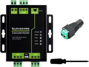 Waveshare Industrial Grade 2-Ch CAN to Ethernet Server, 2-Ch CAN + RS485 + Ethernet Port, Supports CAN to Ethernet and RS485, CAN Repeater, Dual Socket Aluminium Alloy Case, Wall-Mount Support