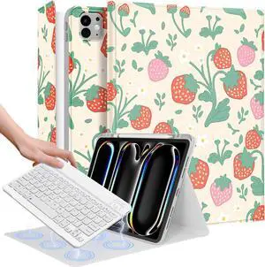 Wazzasoft for iPad Pro 13 inch Case 2024 M4 with Keyboard - Pencil Holder Folio Tablet Cover Women Girl Cute Kawaii Strawberry Unique Design for Apple Pro 13 A2925 A2926 A3007