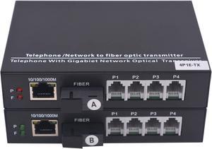 Wekuant 4 POTS Telephones and Gigabit Ethernet Over Fiber Optic Extender SC, Universal Singlemode Fiber up to 20Km and Multimode 500m A Pair