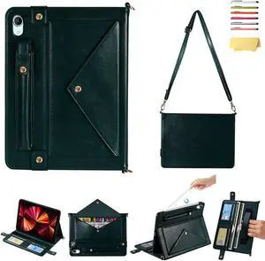 UUcovers Crossbody Handbag Case for iPad 10th Generation 10.9 inch 2022,with Pencil Holder [Shoulder Strap/Hand Strap] Card Pockets/Folio Stand Envelope PU Leather Magnetic Wallet Cover, Dark Green