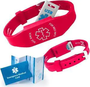 Elite II USB Medical Alert Bracelet - Hypoallergenic Silicone Wristband w/ 2GB Waterproof Flash Drive, Engraved ID Plate, and Emergency Medical Card - Access to Personal Health Record Portal, Red