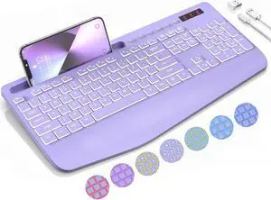 Trueque Wireless Keyboard with 7 Colored Backlits, Wrist Rest, Phone Holder, Rechargeable Ergonomic Keyboard with Silent Light Up Keys, Cordless Computer Keyboard for Windows, Mac, Laptop (Purple)