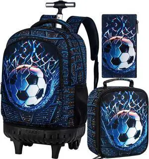 TXHVO 3Pcs Rolling Backpack for Boys Men, Kids Roller Bookbag with Wheels, Soccer Wheeled Backpacks Set for Elementary Toddler(Football)
