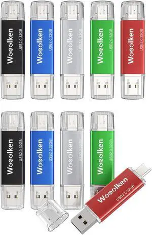 USB C Flash Drive 32GB 10 Pack, Wooolken Type-C Flash Drive + USB 2.0 Thumb Drive OTG USB Drive Compatible with iPhone 16/15, Android Smartphone/Tablets/Computers