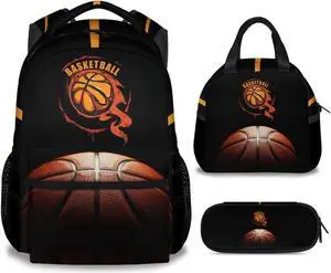 XaocNyx Basketball Backpack with Lunch Box and Pencil Case Set, 3 in 1 Matching Boys Black Backpacks Combo, Cool Bookbag and Pencil Case Bundle