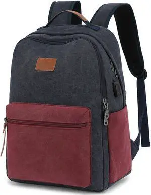 Waterproof Canvas Backpack, Laptop Backpack with USB Charging Port, Vintage Backpack for College Students, Casual Daypack for Men & Women, Travel Work Backpack Fits 15.6 Inch Laptop, Dark Blue-Red