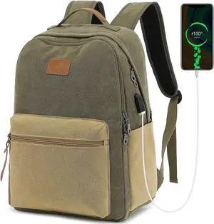 Waterproof Canvas Backpack, Laptop Backpack with USB Charging Port, Vintage Backpack for College Students, Casual Daypack for Men & Women, Travel Work Backpack Fits 15.6 Inch Laptop, Green-Brown
