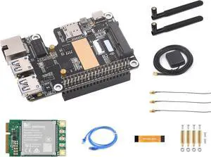 PCIe to MiniPCIe/Gigabit Ethernet/USB 3.2 Gen1 HAT for Raspberry Pi 5, HAT+ Standard, Support Global Band 4G/3G/2G and GNSS Positioning, Support Multi-System, Comes with SIM7600G-H-PCIE 4G Module