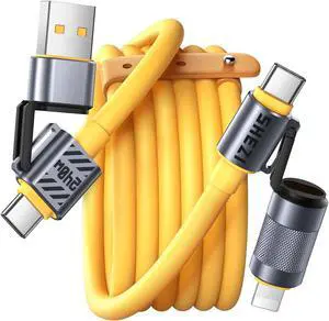 Vexipia 4 in 1 USB C Cable Lightning Cable,240W Fast Charging & Data Transfer,iPhone iPad Charger Cord with Lightning/Type C/USB A for iPhone 16/15/Macbook,IPad,3FT Yellow [SHEZI Series]