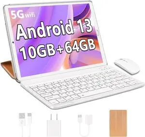 Android 13 Tablet 2025 10.1 inch Tablet with Octa-Core Processor,10GB RAM+64GB ROM (Expandable up 1TB), 5MP+8MP Dual Camera, 5G WiFi, Bluetooth 5.0, GPS, with Keyboard,Mouse - Gold