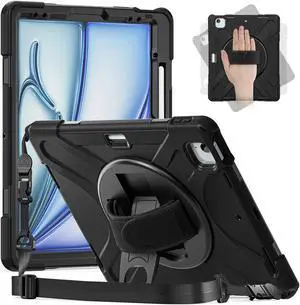 ZenRich iPad Air 6th Generation Case M2 13 Inch 2024, A2898 A2899 A2900 Case Rugged Heavy Duty with Kickstand/Hand Strap/Pencil Holder/Shoulder Strap, Black