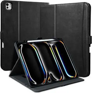 Zinibri Handcrafted Case for iPad Pro 13 Inch 2024 M4 A2925 A2926 with Pencil Holder & Hand Strap & Pocket PU Leather Stand Protective Folio Cover Compatible with iPad Pro 13 2024 (7th Gen),Black