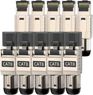 ZOERAX 10-Pack RJ45 Connectors Tool Free Cat 8, Cat8 Field Termination Plug Shielded RJ45 Modular Plugs for 2000MHz 2GHz 40G Double Shielded Solid LAN Cable 22AWG-24AWG