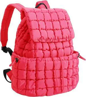 XSUIOY Quilted Backpack Purse for Women Small Lightweight Puffer Puffy College Laptop Backpack Nylon Casual Bookbag Daypack Top Flap Drawstring Padding Hiker Travel Gym Backpack(Rosered)