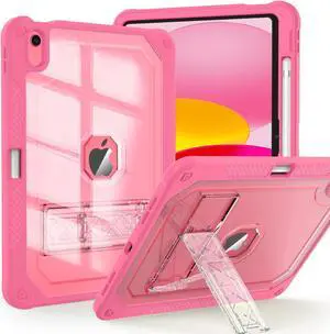 ZoneFoker Case for iPad 11-inch (A16) 2025 / iPad 10th Gen 10.9 inch 2022, Heavy Duty Shockproof Rugged Protective with Pencil Holder, 11th / 10th Translucent Cover with Kickstand Kids, Pink