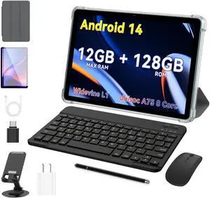 Android 14 Tablets.128 GB ROM and 12GB RAM.10 inch tablet.Octa Core.1280x800 IPS.Three Camera .BT 5.0, WiFi . Face Unlocked.Widevine L1.Tablet with keyboard.stand.Case, Mouse, Stylus.OTG and Protector