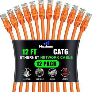 Maximm Cat 6 Ethernet Cable - 12 ft (12-Pack), High-Speed LAN, Internet, Patch, and Network Cable - UTP, 10Gbps, 550MHz Ethernet Cord - Orange