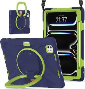 Batianda for iPad Pro 11-inch Case (2024) M4 Chip Model A2836/A2837 Heavy Duty Rugged Durability Silicone Tablet Cover with 360deg Rotating Ring Foldable Kickstand & Shoulder Strap, Navy Green