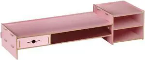 Alvinlite Monitor Stand Riser with 2 Tier Shelf, Desktop Organizer Desk Monitor Stand with Drawer for Screen, Laptop, Printer, Bookshelf for Home & Office, 18.7 Inch Wood Shelf, Pink