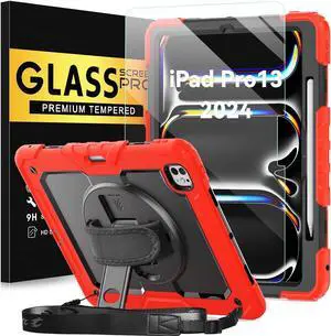 BLOSOMEET Shockproof Case for iPad Pro 2024 13 Inch M4 with Tempered Glass Screen Protector & Shoulder Strap, iPad Pro 13" Protective Cover with Stand Pencil Holder Hand Strap (Red)