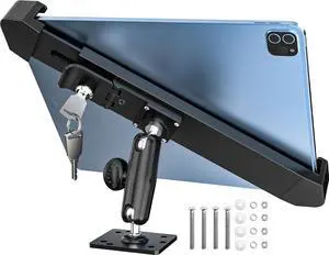 Dosvsi Locking Car Tablet Mount,[(Metal Adjustable Arm)]  Anti-Theft iPad Holder for Commercial Fleet/Work Truck, Industrial Drill Base Dash Stand for iPad 11 Air Mini, ELD, Galaxy Tab, 7-11" Devices