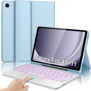Keyboard Case for Samsung Galaxy Tab A9 Plus11 inch/ A9+ 5G (Sm-X210/X216/X218), Detachable Wireless Bluetooth Keyboard with Trackpad,7 Colors RGB Backlit, Smart Folio Cover with S Pen Holder-Blue
