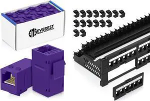 Everest Media Solutions Bundle - 2 Items: 48-Port Keystone Patch Panel + 48 Pack of RJ45 CAT6 Keystone Couplers - Purple