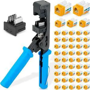 Bundle - 3 Items: easyJACK - 90deg Angled Speed Termination Tool + Replacement Head + 90deg Angled Cat6 Keystone Jacks in Yellow (50 Pack)