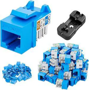 FGB 50-Pack Cat6 Keystone Jacks with Punch Down Stand, Slim Profile RJ45 Ethernet Keystone Couplers, 90deg Compact Design, 10Gbps High-Speed Performance, Blue