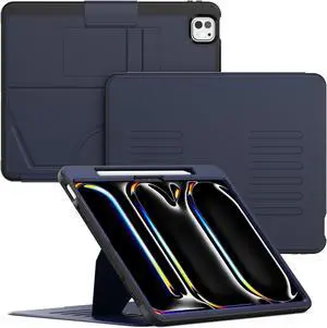 HXCASEAC Case for iPad Pro 13 inch 2024 (M4), Multi-Angle Magnetic Stand & Pencil Holder & Card Slots & Strong Magnets Support Stick to Fridge (A2925 / A2926 / A3007) Cover - Navy