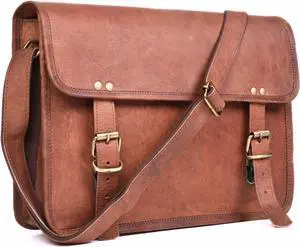 Small Brown Genuine Leather Messenger Bag Crossbody Satchel, Perfect for iPad & Small Laptop, Vintage Distressed Shoulder Bag (14 INCH)