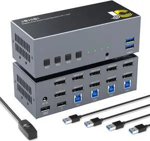Displayport KVM Switch Dual Monitor 8K@60Hz USB 3.0 DP 1.2 KVM Switcher for 4 Computers Share 2 Monitors and 4 USB Devices Support Extended & Copy Mode