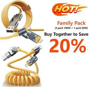 Family 5-Piece 4 in 1 USB C Lightning Cable Set, [SHEZI Style] 4 pack 100W 5ft + 60W Coiled USB C to Lightning Charging Cord Soft Silicone [Fast Charging & Data Sync] Combo Lightning/Type C/USB A Port