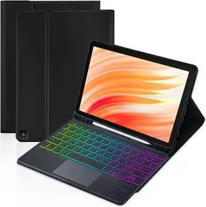 MePadKey Trackpad Keyboard Case for  Fire HD 10/10 Plus 10.1 inch 2021/2023(11/13th Generation),7-Color Backlight Rechargeable Keyboard with Kids Multi-Angle Cover for Tablet (Black)