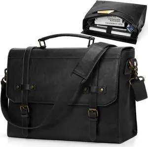 RAINSMORE Mens Messenger Bag 17 Inch Waterproof Vintage Leather Laptop Briefcase Large Laptop Bag Satchel Bag Computer Shoulder Bag for Office Business Travel College, Black