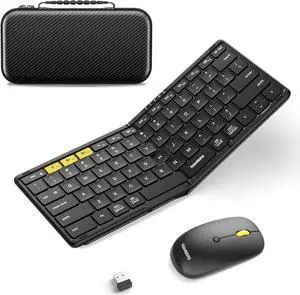 Foldable Keyboard and Mouse, Samsers KM08 Folding Bluetooth Keyboard Mouse Combo, 2.4G + BT5.0 x 2, Full-Size Portable Travel Keyboard & Rechargeable Wireless Mouse for iOS Android Windows Mac OS