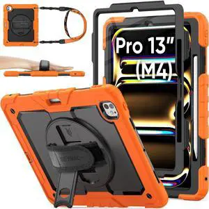 SEYMAC stock Case for iPad Pro 13 inch Case 2024 (M4), Shockproof Protective with Pencil Holder, Screen Protector, 360deg Rotate Stand, Adjustable Hand Strap, Shoulder Strap, Orange