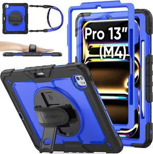 SEYMAC stock Case for iPad Pro 13 inch Case 2024 (M4), Shockproof Protective with Pencil Holder, Screen Protector, 360deg Rotate Stand, Adjustable Hand Strap, Shoulder Strap, Blue