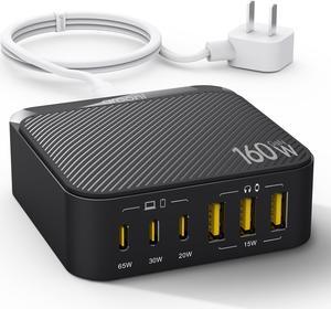 USB C Fast Charger Block, 160W 8 Port GaN Charging Station Hub Brick Power Strip, PD PPS 65W Laptop Adapter for Multiple Devices MacBook Pro/Air, iPad iPhone, Surface, Galaxy, 6ft Cord (Black)