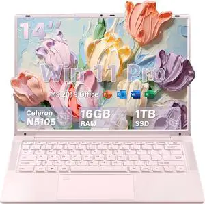 Rumtuk 14 "Portable Pink Laptop Computer,in tel N5105+UHD Graphics, FHD(2160 x 1440) IPS,DDR4 16G RAM 1T SSD, Win 11 Pro PC,Fingerprint,Type-C,WiFi 5/BT 5.0,Webcam,HDMI,Perfect for Study/Travel/Work