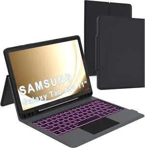 Keyboard Case for Samsung Galaxy Tab A9+ A9 Plus 11": 7 Colors Backlit Trackpad Keyboard for 11inch Samsung Tab A9+ Plus 5G | Smart Touch Wireless Keyboard Folio Book Cover with Pen Holder & Kickstand