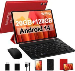 SKYEGG Android 14 Tablet 10.1 inch Tablets,20GB RAM 128GB ROM 1TB Expand,Octa-Core Processor,Dual Camera,WiFi 6,GPS,Bluetooth 5.0,6000mAh Long Battery Life with Keyboard/Mouse-Red